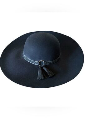 bebe Black Wool Wide Brim Leather Braided Tassel Trim Hat